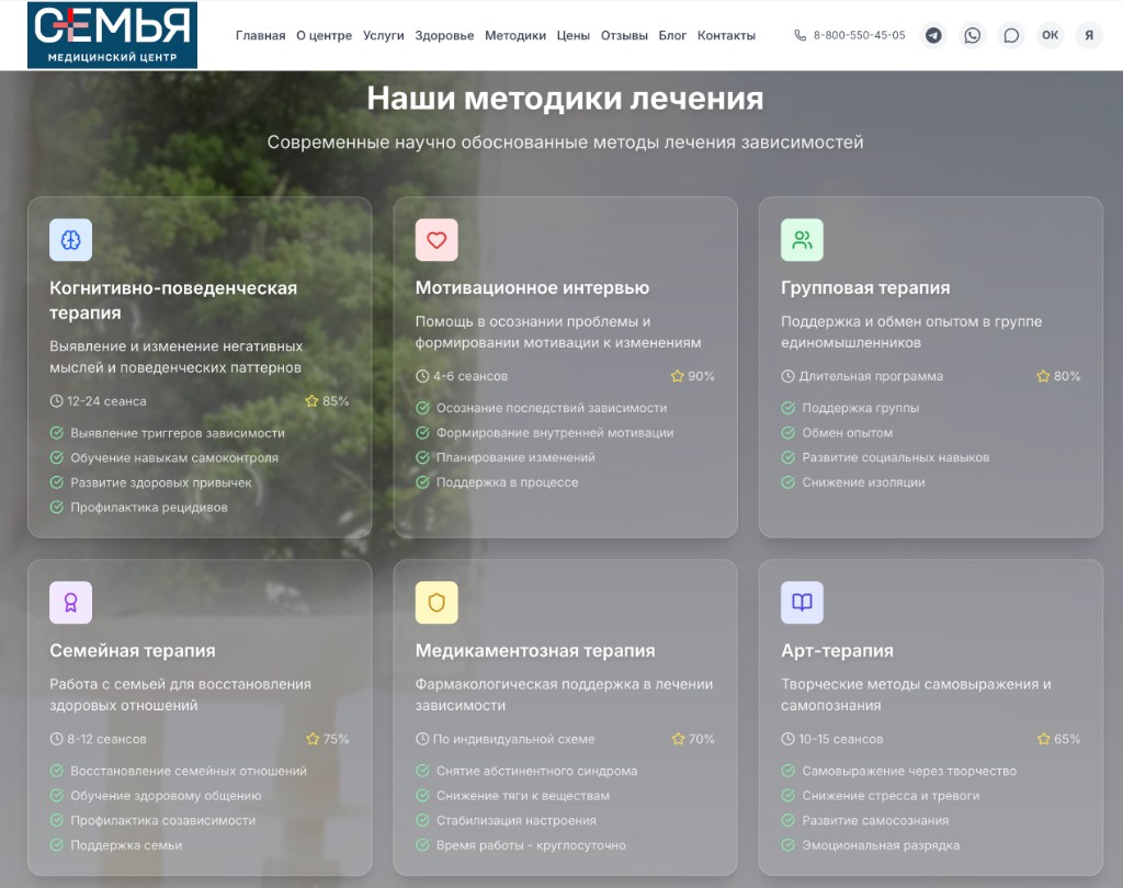 Внутренняя страница Semyaclinic.ru — блок «Наши методики лечения»
